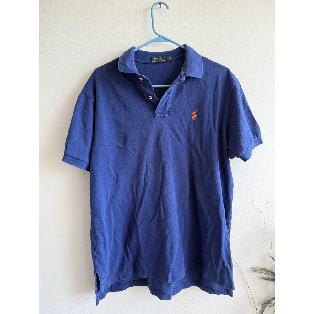 Polo‎ Ralph Lauren Mens Royal Blue Short Sleeve Pique Polo Shirt Orange Pony L